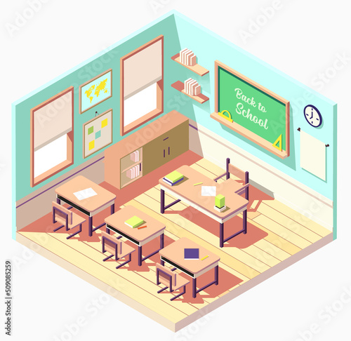 isometric Class Room Interior Board Desk Flat Vector Illustration