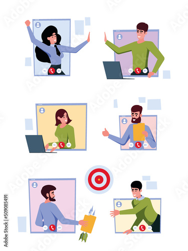 Remote work. Team online communication project management internet workflow organization garish vector flat characters