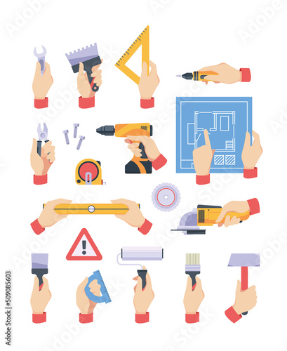 Tools hands holding. Professional equipment for workers tools for constructions hammer saw nails garish vector cartoon set isolated