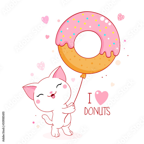 Cute baby card with cat in kawaii style. Lovely kitty with donut-shaped balloon. Inscription I love donuts. Can be used for t-shirt print, stickers, greeting card design. Vector illustration EPS8