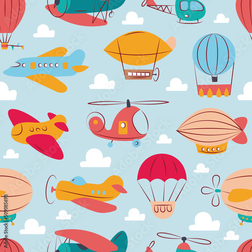 Airplane pattern. Kids avia transport helicopters airplanes rockets garish vector seamless background