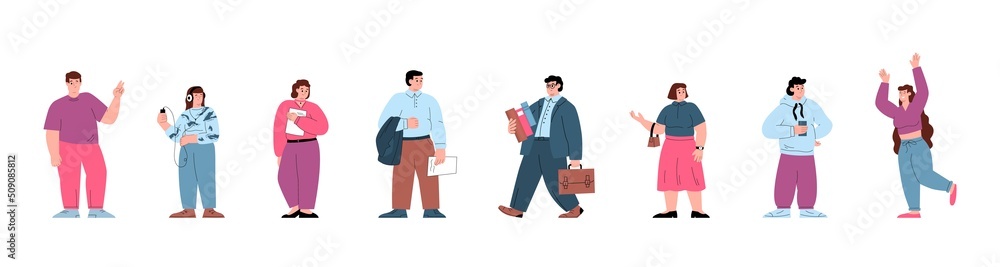 Obraz premium Chubby plus-size people in casual wear, flat vector illustration isolated.