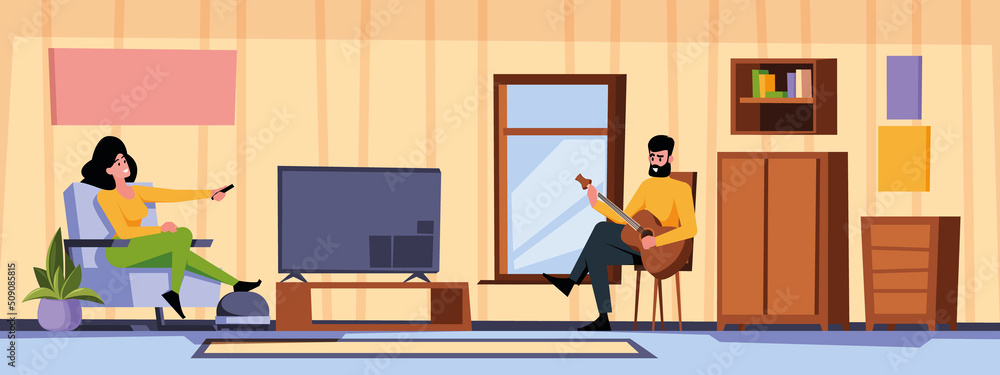 Happy family. People spend happy time together at home room interior sitting on sofa and relax garish vector illustrations set Happy family. People spend happy time together at home room interior sitting on sofa and relax garish vector illustrations set