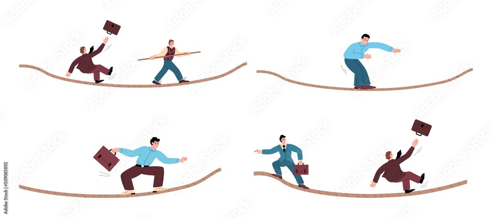 Businessmen balancing and falling from the rope, flat vector illustration isolated on white background. Businessmen balancing and falling from the rope, flat vector illustration isolated on white background.