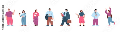 Chubby plus-size people in casual wear, flat vector illustration isolated.