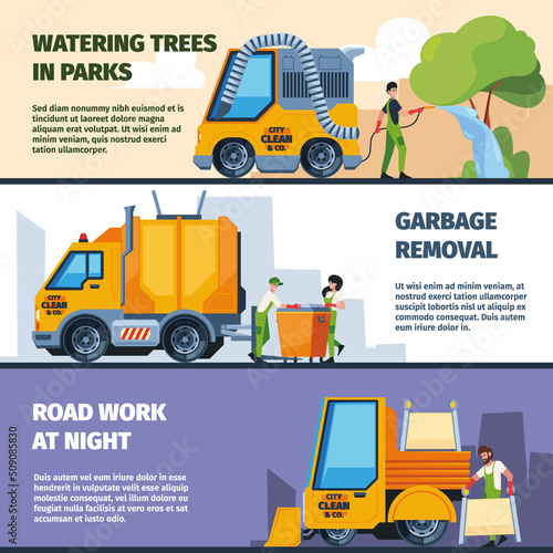 Industrial cleaning. Urban vehicles for cleaning street cars and trucks garish vector seamless horizontal backgrounds