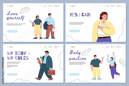 Body positivity and self love website banners set, flat vector illustration.