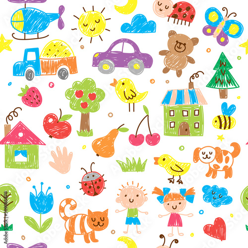 Kids drawn pattern. Funny doodle pencils drawn sketches grass trees clouds flowers animals houses recent vector seamless background