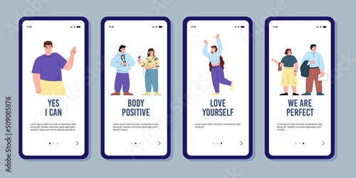 Body positivity and self acceptance onboarding pages, flat vector illustration.