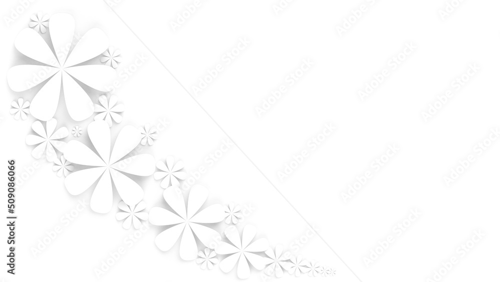 White background with white paper flowers. Concept image of happy Invitation and reception sign. 3D high quality high-key rendering. 3D illustration. High resolution.