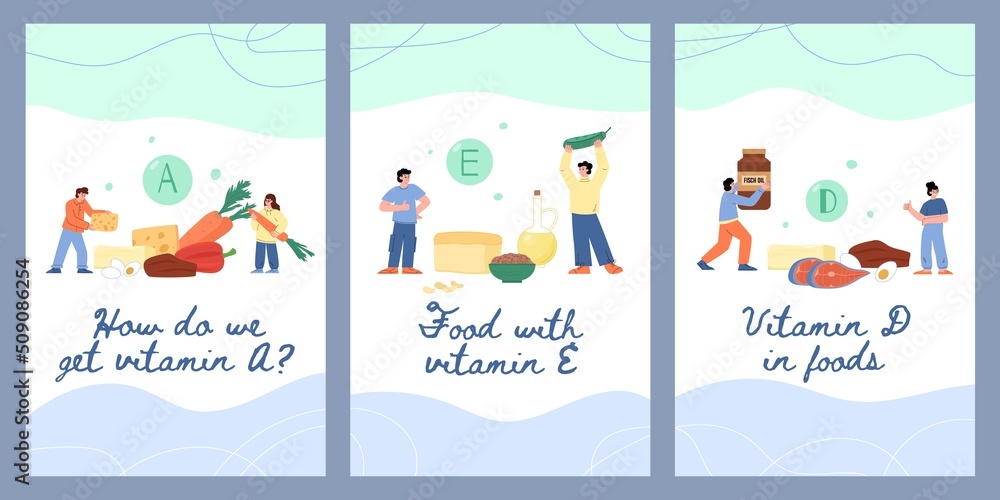 Vitamins A, E and D in food with people carrying healthy products, posters set template flat vector illustration.