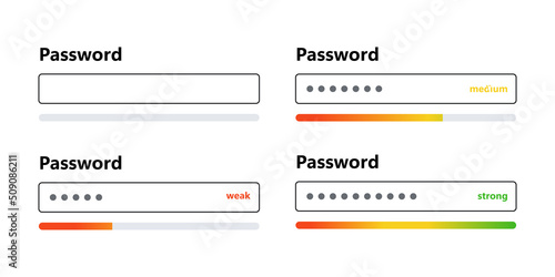Password weak, medium and strong interface. Password form template for website. Digital security bar. Safety requirement. App design layout interface. Vector illustration isolated on white background.