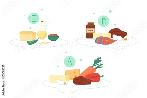Food sources of vitamin E, D and A, flat vector illustration isolated on white background.