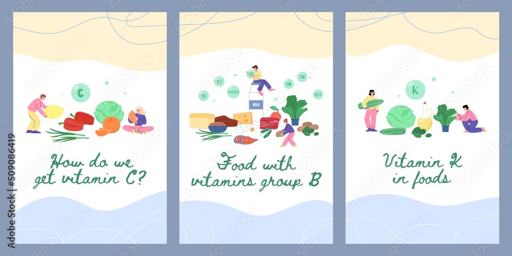 Healthy food containing vitamins of group B, C and K - poster templates flat vector illustration.