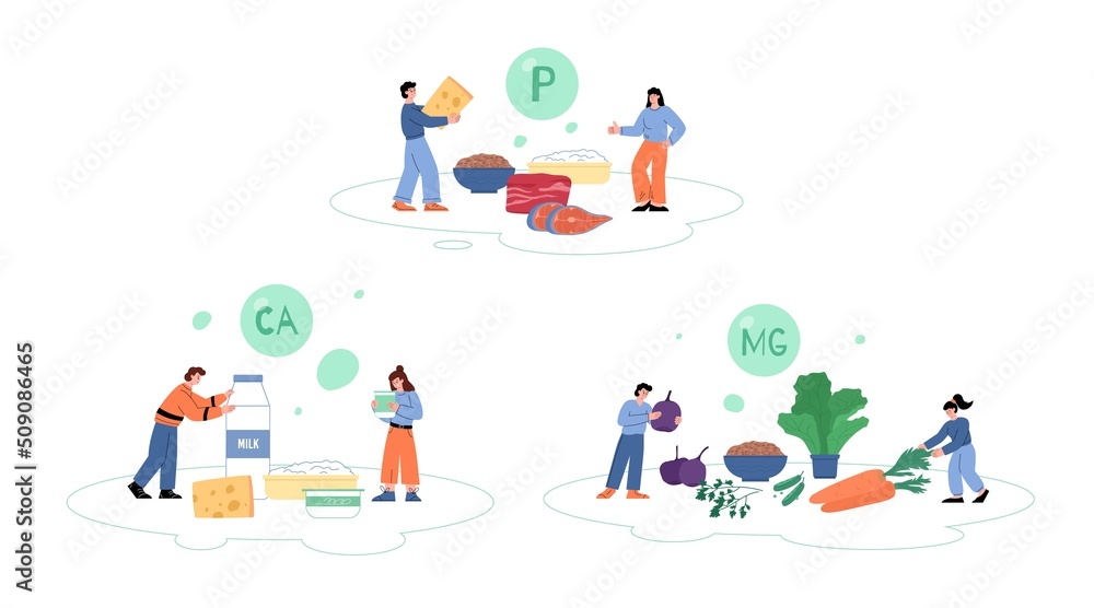 Minerals infographic with abstract people, calcium, magnesium and phosphorus - flat vector illustration on white.