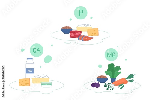Minerals P, Ca, Mg fortified food, flat cartoon vector illustration isolated.