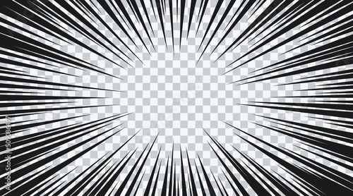 Manga speed burst frame. Radial anime speed lines. Crash zoom effect for comic book. Radial lines overlay template. Manga brust frame. Boom effect. Vector illustration on transparent background.