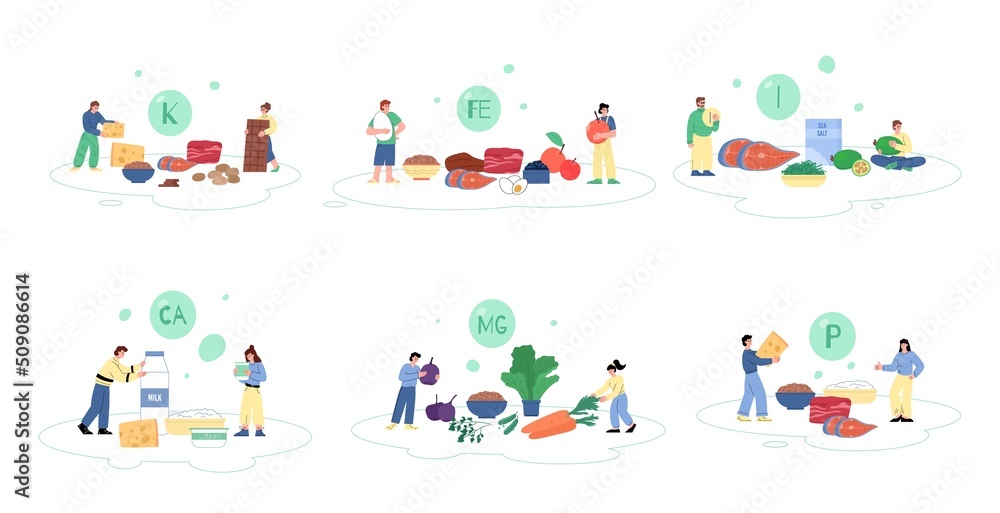Minerals and vitamins enriched food groups flat vector illustration isolated. Minerals and vitamins enriched food groups flat vector illustration isolated.