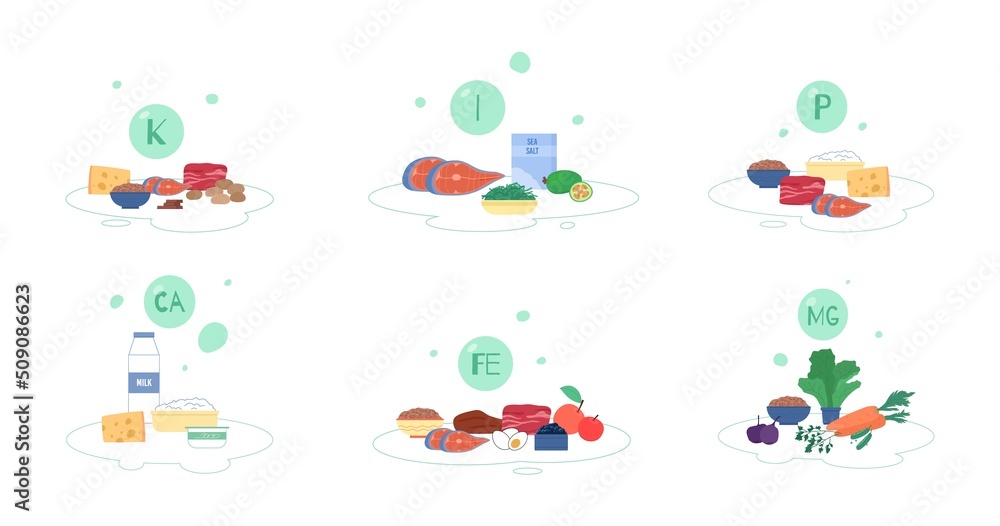 Fototapeta premium Food mineral elements and vitamins set, flat vector illustration isolated.
