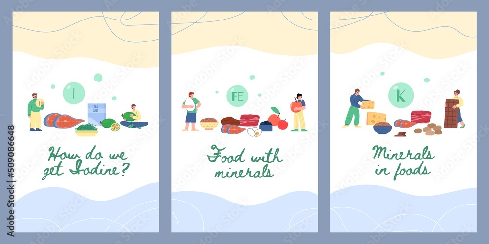 Posters with minerals and vitamins enriched food, flat vector illustrations set.