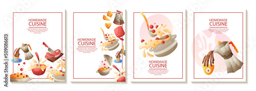 Set of cards for homemade cuisine, cooking or culinary courses, restaurants or cafe.