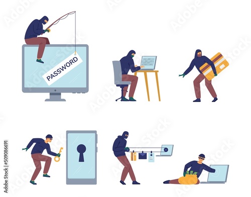 Computer fraud flat vector concept set. Hacker phishing password and steal private information. Internet scam.