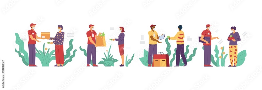 Cash on delivery during covid pandemic, people wearing face mask - flat vector illustration on white background.
