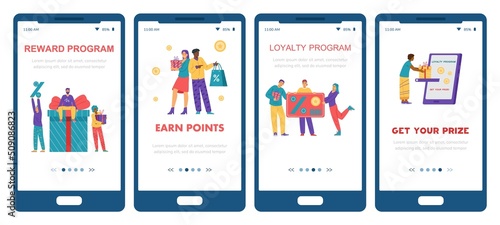 Earn Point clients loyalty program onboarding pages, flat vector illustration. photo