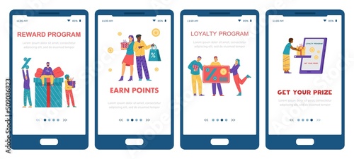 Earn Point clients loyalty program onboarding pages, flat vector illustration.