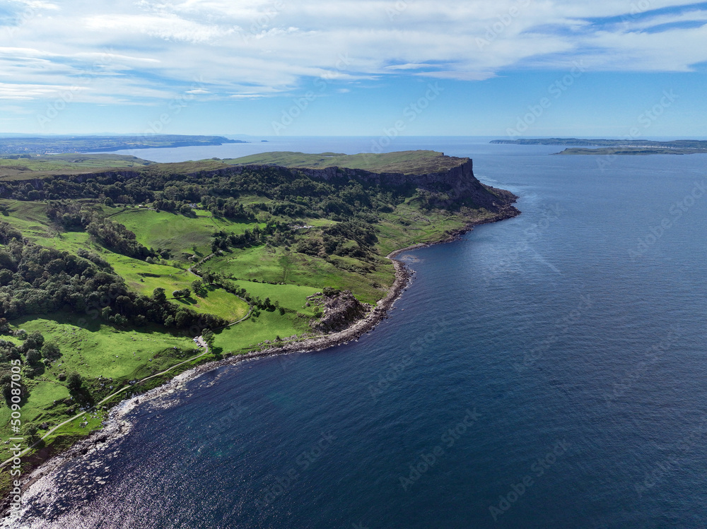 Aerial photo of Fair Head by the Atlantic Ocean on North Coast Antrim Northern Ireland Aerial photo of Fair Head by the Atlantic Ocean on North Coast Antrim Northern Ireland