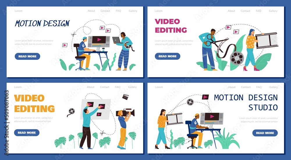 Motion design and video editing services web banners, flat vector illustration.