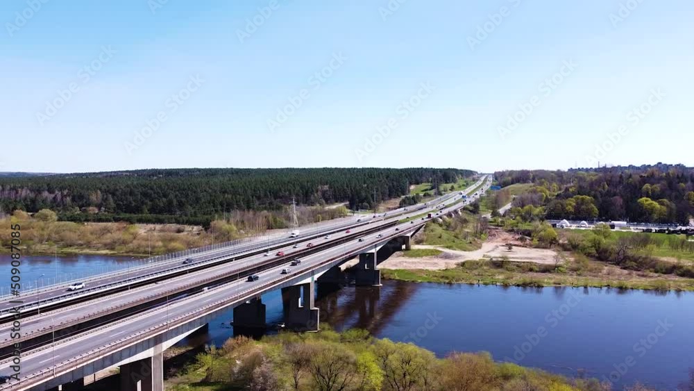Three highway bridges over river Neris in Kaunas city, aerial low angle view Three highway bridges over river Neris in Kaunas city, aerial low angle view