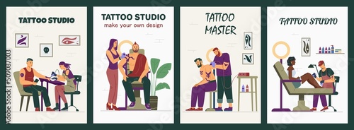 Tattoo studio advertising posters set with masters and clients in tattooing process, flat vector illustration. © Kudryavtsev