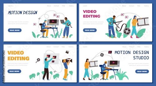 Motion design and video editing services web banners, flat vector illustration.