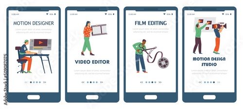 Motion design and video editing app onboarding kit, flat vector illustration.