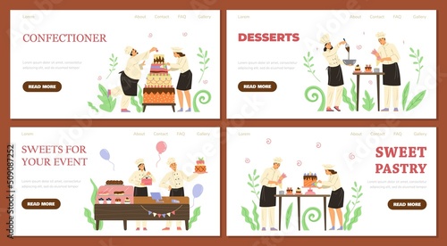 Sweet foods and desserts sale and production websites, vector illustration.