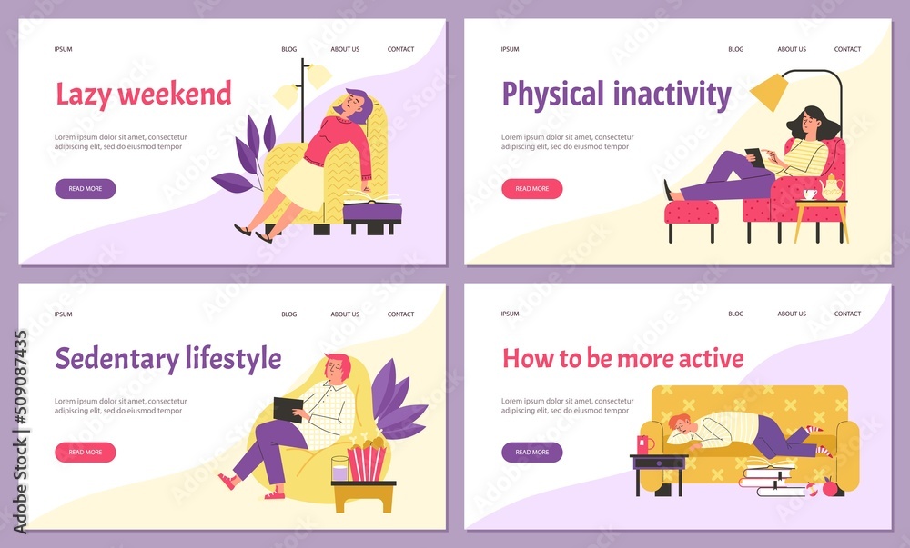 Sedentary lifestyle and physical inactivity web banners flat vector illustration.