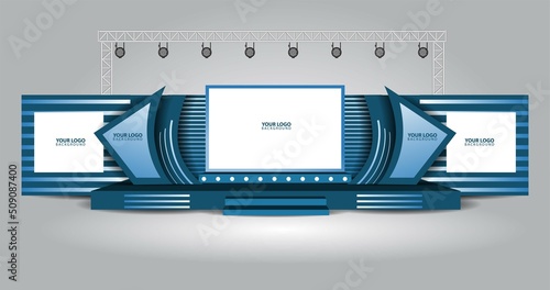 Event Stage design for business conferences, corporate projects presentations, shareholders event or meeting with slides on projection screens.