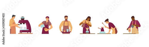 People work in coffeehouse shop and make coffee, flat vector illustration isolated on white background.