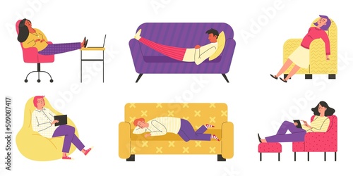 People relax and sleep on sofas and chairs, flat vector illustration isolated.