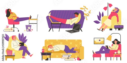 Sedentary lifestyle set of frustrated lazy people, flat vector isolated.