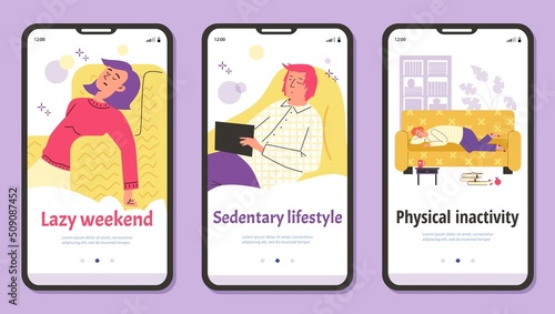 Lazy sedentary inactive lifestyle onboarding page, flat vector illustration.