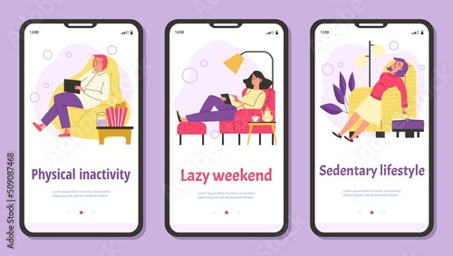 Sedentary lazy lifestyle concept for onboarding page, flat vector illustration.