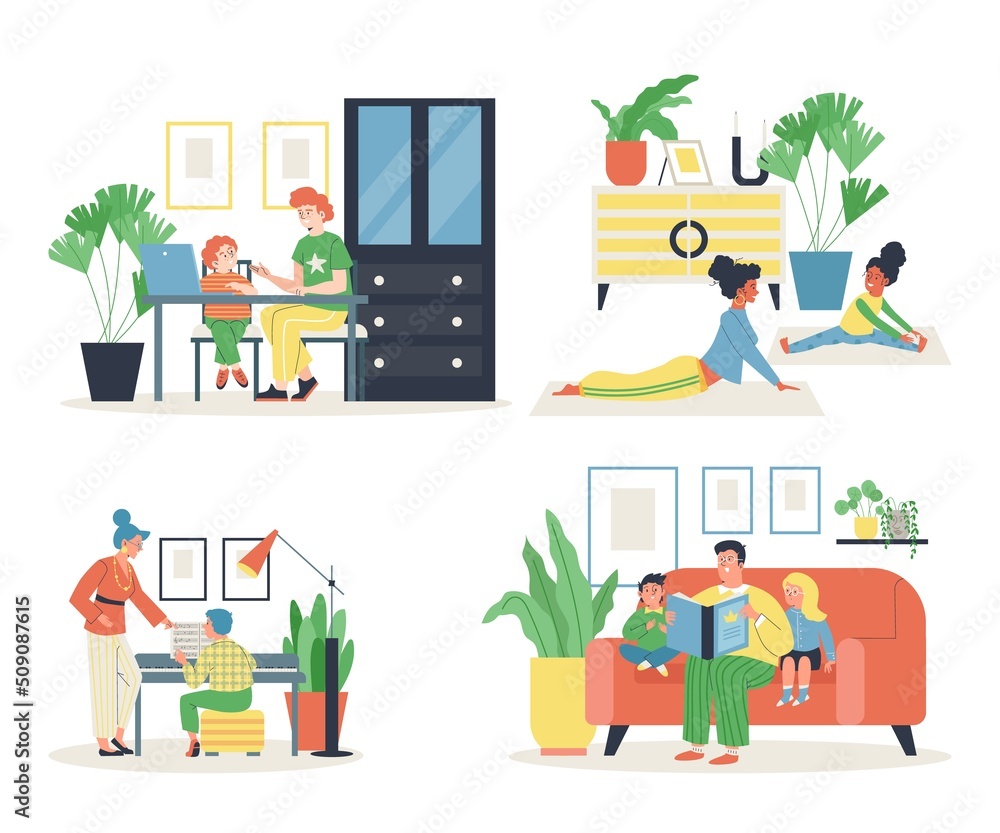 Activities and education of children in the family set, flat vector isolated. Activities and education of children in the family set, flat vector isolated.