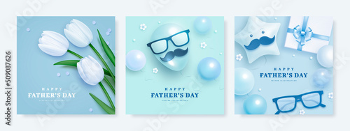 Set of Father's Day square banner or greeting card template with moustache, helium balloons, gift box and realistic tulips on blue background. Vector illustration