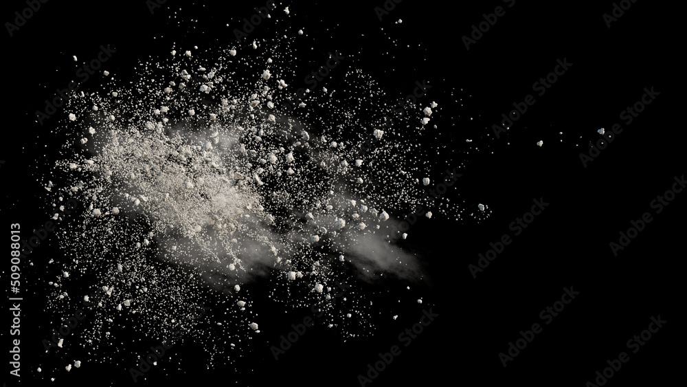 flying debris with dust on black background