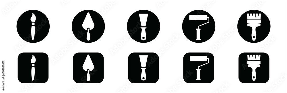 Tools icon set. Painting work instrument vector icons set. Round and square shape icon paint job. Containing symbol of brush pen, cape, paint roller, and brush paint. Tools icon set. Painting work instrument vector icons set. Round and square shape icon paint job. Containing symbol of brush pen, cape, paint roller, and brush paint.