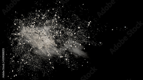 Tela flying debris with dust on black background