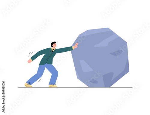 Businessman pushing stone as metaphor of difficult effort, flat vector isolated.