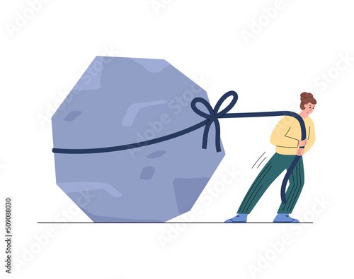 Man with an effort pulls large block on rope, flat vector illustration isolated.